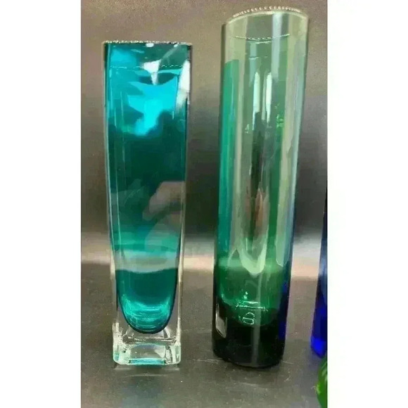 4 Glass Blue and Green Bud Vases Lot Vintage Randall, Libby and Block Vase Style - Picture 2 of 10